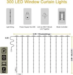 String - Rideau LED , Rideau Lumineux LED 3 * 3M Avec Télécommande 8 Modes, Guirlande Lumineuse LED étanche Pour Fête De Mariage, Décoration De Chambre De Jardin De Noël ( Wit Chaud) -Jingle Bells Boutique 1168x1200