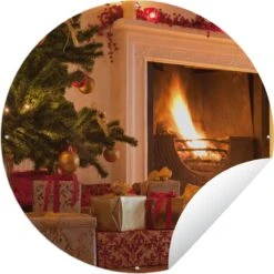 Cercle De Jardin Sapin De Noël Et Chaussette à Côté De La Cheminée - 90x90 Cm - Affiche De Jardin Ronde - Extérieur