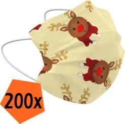 Masque Buccal De Noël Jetable Jaune - Masque Buccal Jetable Non Medisch Masque Buccal Renne - Masque Buccal De Noël Jetable Universel - 200 Pièces