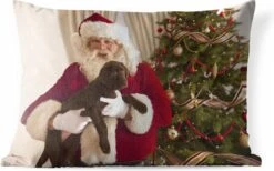 Coussins D'extérieur - Jardin - Père Noël Avec Un Chien Marron Dans Ses Mains - 50x30 Cm