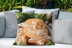 Coussins D'extérieur - Jardin - Citation Pour La Maison à Noël 'Soyez Joyeux Et Lumineux' Sur Fond Avec Biscuits De Noël - 60x60 Cm -Jingle Bells Boutique 1200x800 2092