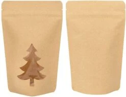 Pochettes Stand Up Kraft Avec Fenêtre Sapin De Noël 13x7.9x20.6 Cm (25 Pièces)