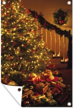 Sapin De Noël Lumineux Avec Cadeaux Affiche De Jardin En Vrac 120x180 Cm - Toile De Jardin / Toile D'extérieur / Peintures D'extérieur (décoration De Jardin) XXL / Groot Format!